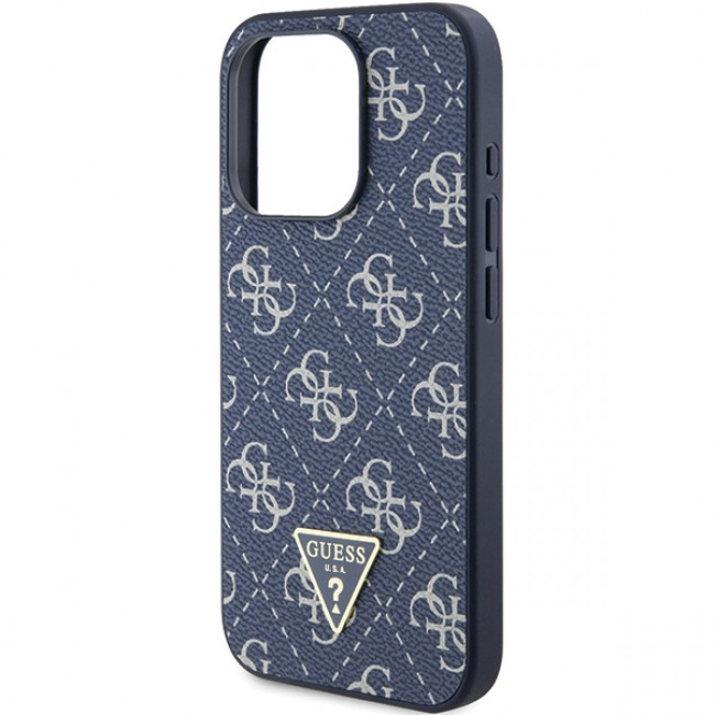 Guess iPhone 15 Pro - 4G Triangle Metal Logo Σκληρή Θήκη με Επένδυση Συνθετικού Δέρματος και Πλαίσιο Σιλικόνης - Blue - GUHCP15LPG4GPB