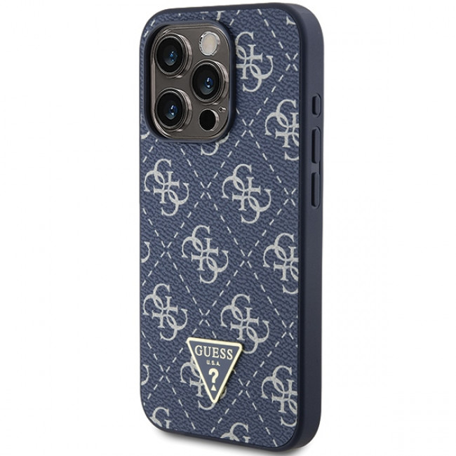 Guess iPhone 15 Pro - 4G Triangle Metal Logo Σκληρή Θήκη με Επένδυση Συνθετικού Δέρματος και Πλαίσιο Σιλικόνης - Blue - GUHCP15LPG4GPB