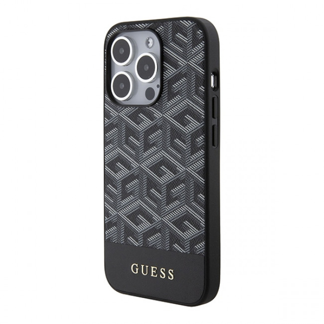 Guess iPhone 15 Pro Max - GCube Stripes MagSafe Σκληρή Θήκη με Επένδυση Συνθετικού Δέρματος και MagSafe - Black - GUHMP15XHGCFSEK