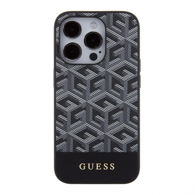 Guess iPhone 15 Pro Max - GCube Stripes MagSafe Σκληρή Θήκη με Επένδυση Συνθετικού Δέρματος και MagSafe - Black - GUHMP15XHGCFSEK