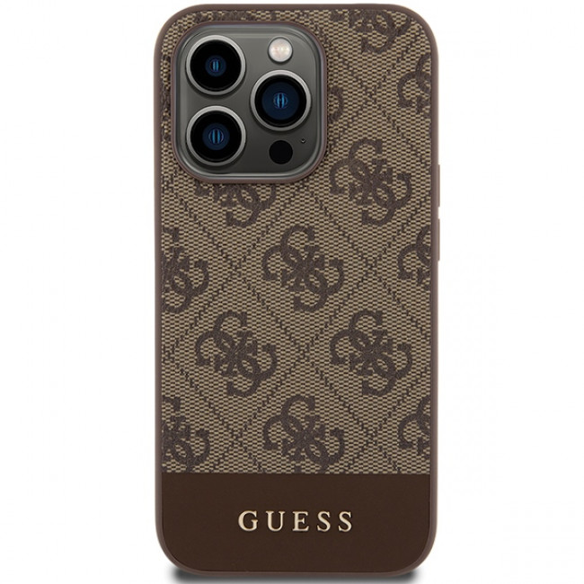 Guess iPhone 15 Pro - 4G Stripe Collection Θήκη με Επένδυση Συνθετικού Δέρματος - Brown - GUHCP15LG4GLBR