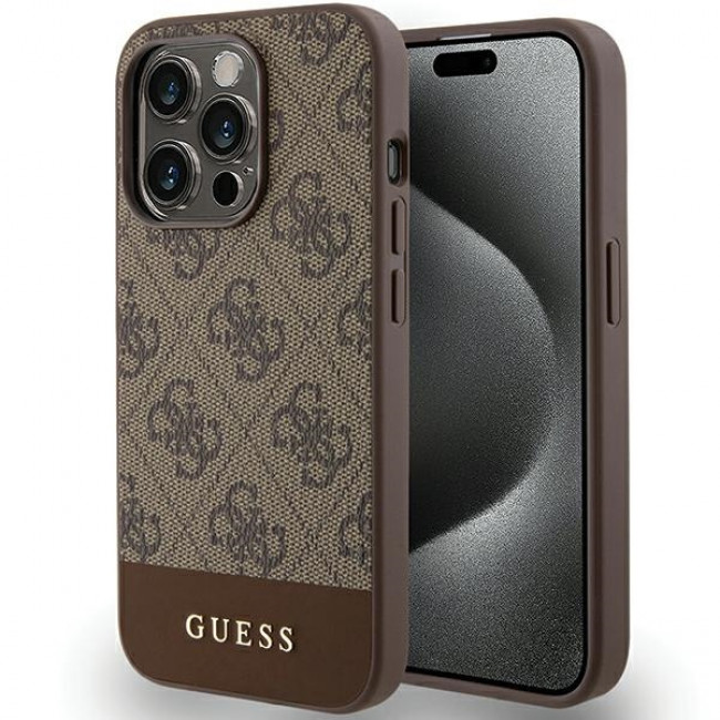 Guess iPhone 15 Pro - 4G Stripe Collection Θήκη με Επένδυση Συνθετικού Δέρματος - Brown - GUHCP15LG4GLBR