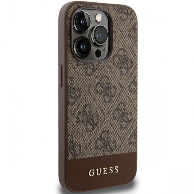 Guess iPhone 15 Pro - 4G Stripe Collection Θήκη με Επένδυση Συνθετικού Δέρματος - Brown - GUHCP15LG4GLBR