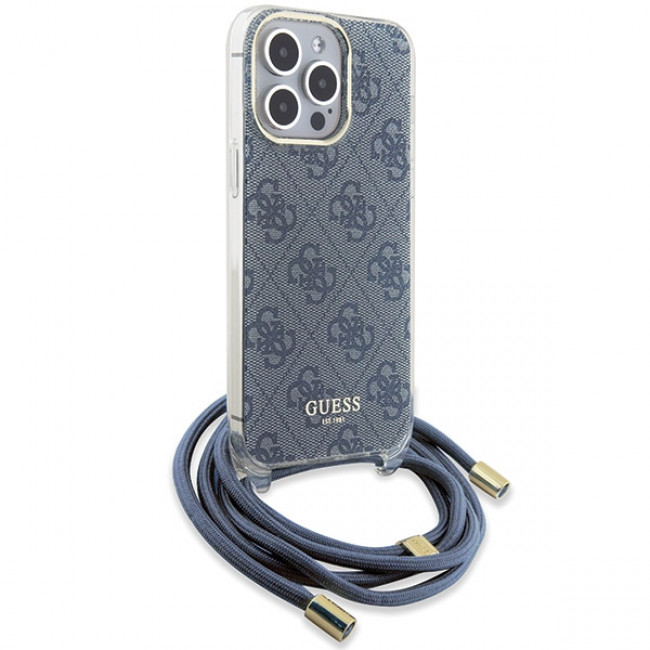 Guess iPhone 15 Pro Max Crossbody Cord 4G Print Σκληρή Θήκη με Πλαίσιο Σιλικόνης και Λουράκι - Blue - GUHCP15XHC4SEB