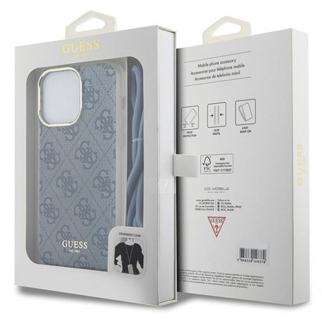 Guess iPhone 15 Pro Max Crossbody Cord 4G Print Σκληρή Θήκη με Πλαίσιο Σιλικόνης και Λουράκι - Blue - GUHCP15XHC4SEB