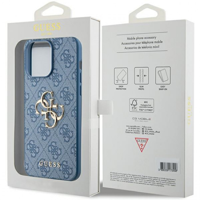 Guess iPhone 15 Pro - 4G Big Metal Logo Θήκη με Επένδυση Συνθετικού Δέρματος - Blue - GUHCP15L4GMGBL