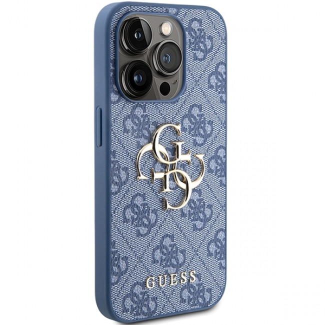 Guess iPhone 15 Pro - 4G Big Metal Logo Θήκη με Επένδυση Συνθετικού Δέρματος - Blue - GUHCP15L4GMGBL