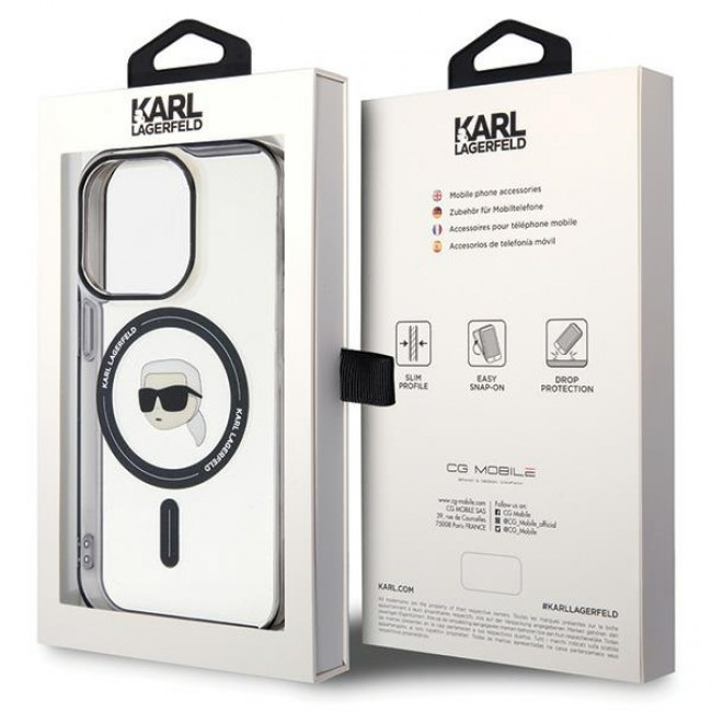 Karl Lagerfeld iPhone 15 Pro - IML Karl's Head MagSafe Σκληρή Θήκη με Πλαίσιο Σιλικόνης και MagSafe - Διάφανη / Black - KLHMP15LHKHNOTK