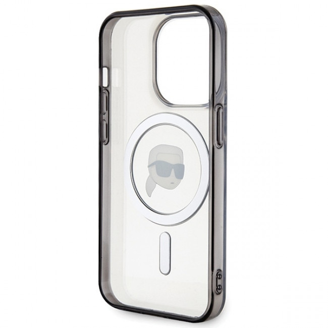 Karl Lagerfeld iPhone 15 Pro - IML Karl's Head MagSafe Σκληρή Θήκη με Πλαίσιο Σιλικόνης και MagSafe - Διάφανη / Black - KLHMP15LHKHNOTK