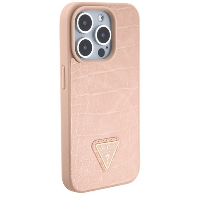 Guess iPhone 15 Pro Max Croco Triangle Metal Logo Θήκη με Επένδυση Συνθετικού Δέρματος και Πλαίσιο Σιλικόνης - Pink - GUHCP15XPCRTHCP