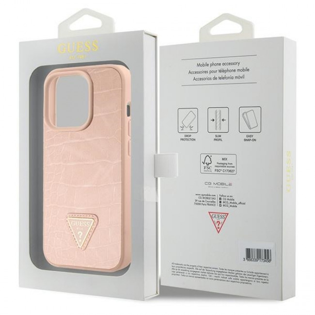 Guess iPhone 15 Pro Max Croco Triangle Metal Logo Θήκη με Επένδυση Συνθετικού Δέρματος και Πλαίσιο Σιλικόνης - Pink - GUHCP15XPCRTHCP