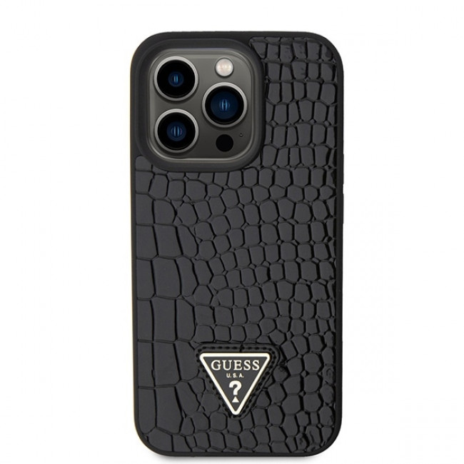 Guess iPhone 15 Pro Croco Triangle Metal Logo Θήκη με Επένδυση Συνθετικού Δέρματος και Πλαίσιο Σιλικόνης - Black - GUHCP15LPCRTHCK