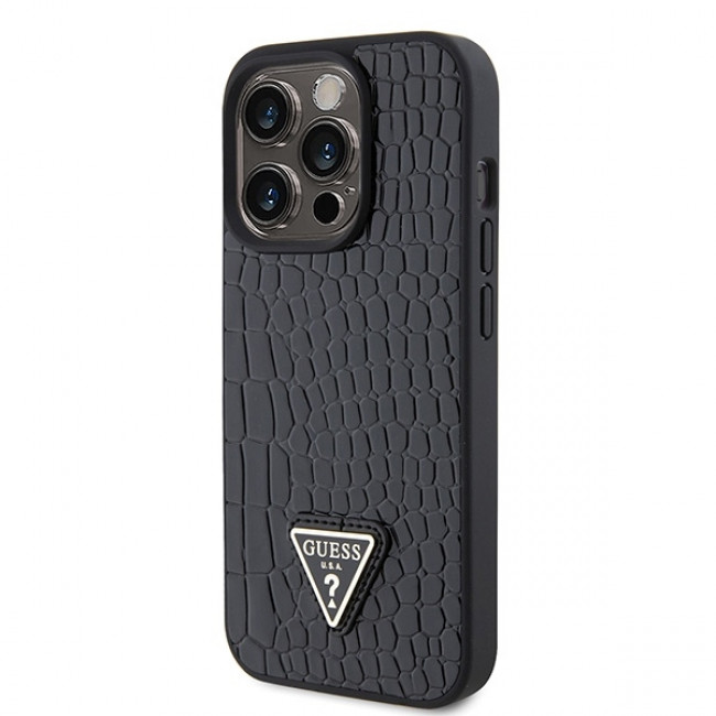 Guess iPhone 15 Pro Croco Triangle Metal Logo Θήκη με Επένδυση Συνθετικού Δέρματος και Πλαίσιο Σιλικόνης - Black - GUHCP15LPCRTHCK