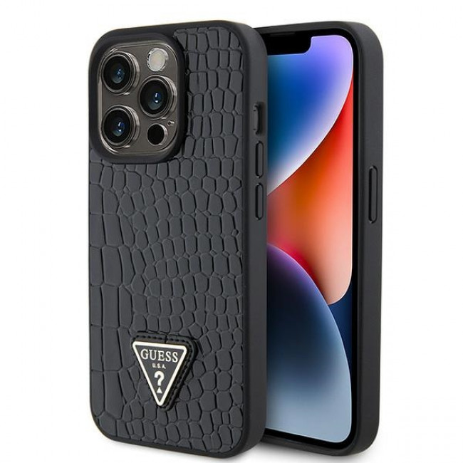 Guess iPhone 15 Pro Croco Triangle Metal Logo Θήκη με Επένδυση Συνθετικού Δέρματος και Πλαίσιο Σιλικόνης - Black - GUHCP15LPCRTHCK