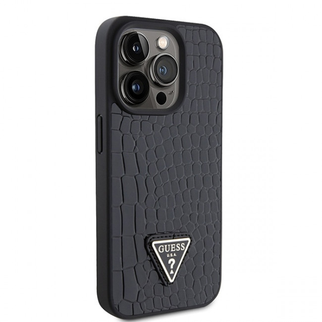 Guess iPhone 15 Pro Croco Triangle Metal Logo Θήκη με Επένδυση Συνθετικού Δέρματος και Πλαίσιο Σιλικόνης - Black - GUHCP15LPCRTHCK