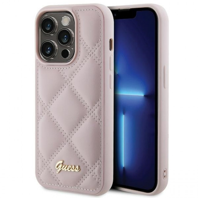 Guess iPhone 15 Pro - Quilted Metal Logo Θήκη με Επένδυση Συνθετικού Δέρματος - Pink - GUHCP15LPSQSQSP