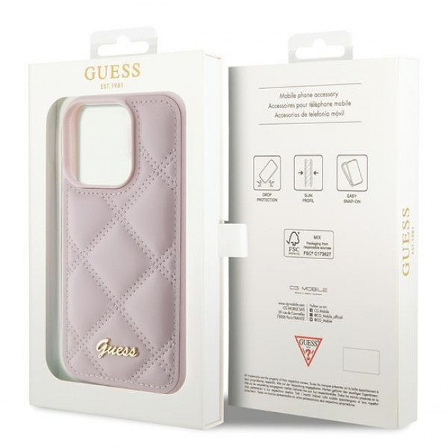 Guess iPhone 15 Pro - Quilted Metal Logo Θήκη με Επένδυση Συνθετικού Δέρματος - Pink - GUHCP15LPSQSQSP