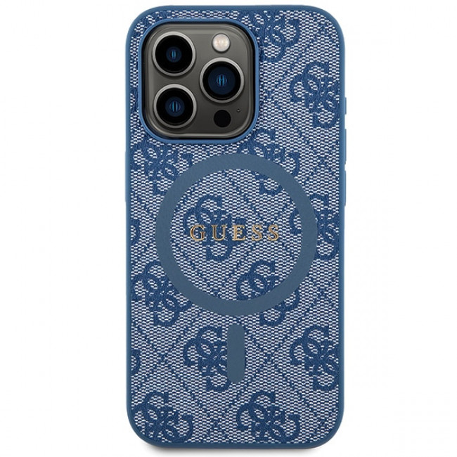 Guess iPhone 15 Pro - 4G Collection Leather Metal Logo MagSafe Θήκη με Επένδυση Συνθετικού Δέρματος και MagSafe - Blue - GUHMP15LG4GFRB