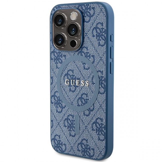 Guess iPhone 15 Pro - 4G Collection Leather Metal Logo MagSafe Θήκη με Επένδυση Συνθετικού Δέρματος και MagSafe - Blue - GUHMP15LG4GFRB