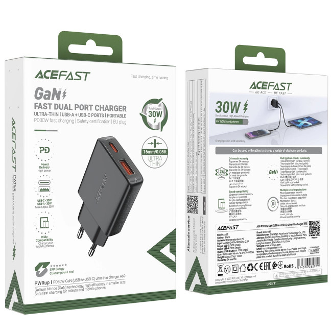 Acefast A69 PD 30W GaN Οικιακός Φορτιστής Γρήγορης Φόρτισης με 1 Θύρα USB και 1 Θύρα Type-C - Black