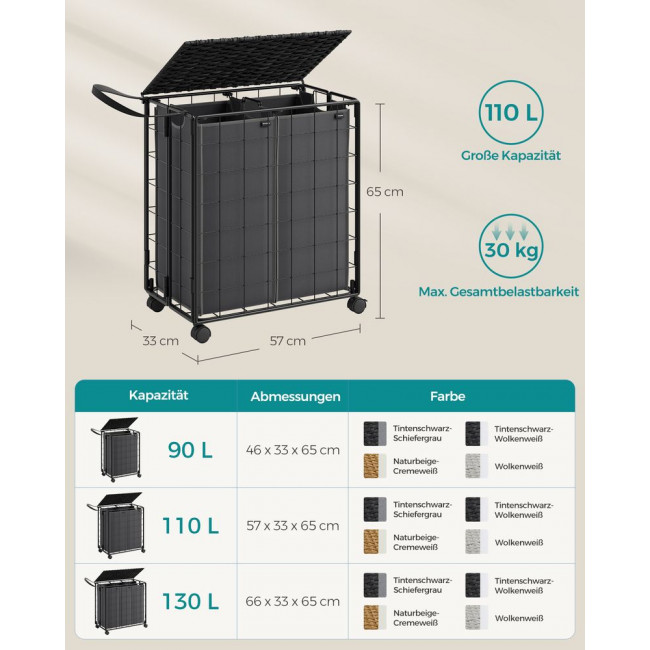 SONGMICS Τροχήλατο Αναδιπλούμενο Καλάθι Απλύτων με 2 Χωρίσματα και Καπάκι - 110L - Ink Black / Slate Grey - LCB211B11