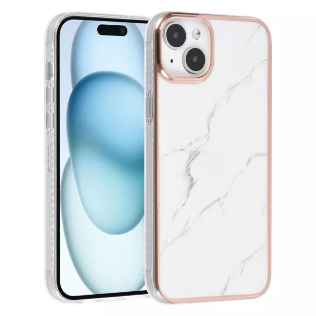 TUNIQ iPhone 15 Plus / 14 Plus - Σκληρή Θήκη με Πλαίσιο Σιλικόνης - Σχέδιο Μάρμαρο - Λευκή