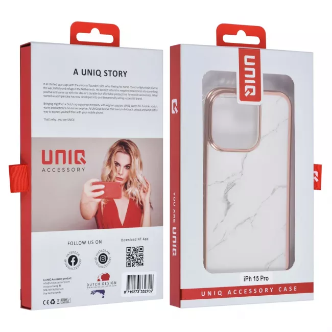 TUNIQ iPhone 15 Pro - Σκληρή Θήκη με Πλαίσιο Σιλικόνης - Σχέδιο Μάρμαρο - Λευκή