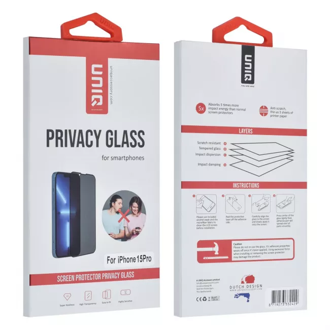 TUNIQ iPhone 15 Pro - Privacy Προστασία Οθόνης - Full Screen Αντιχαρακτικό Γυαλί Tempered Glass - Μαύρο