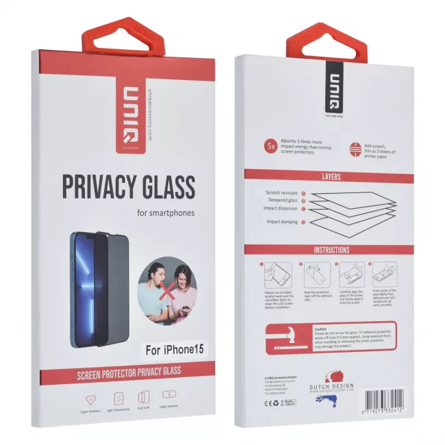 TUNIQ iPhone 15 - Privacy Προστασία Οθόνης - Full Screen Αντιχαρακτικό Γυαλί Tempered Glass - Μαύρο