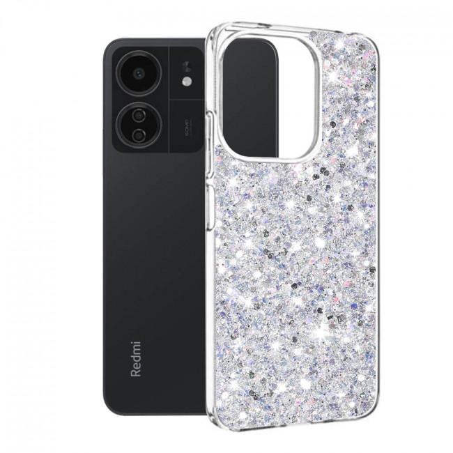 Techsuit Xiaomi Redmi 13C 4G / 13C 5G / Poco M6 5G / C65 - Sparkly Glitter - Σκληρή Θήκη με Πλαίσιο Σιλικόνης - White