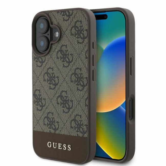 Guess iPhone 16 - 4G Bottom Stripe - Θήκη με Επένδυση Συνθετικού Δέρματος - Brown - GUHCP16SG4GLBR