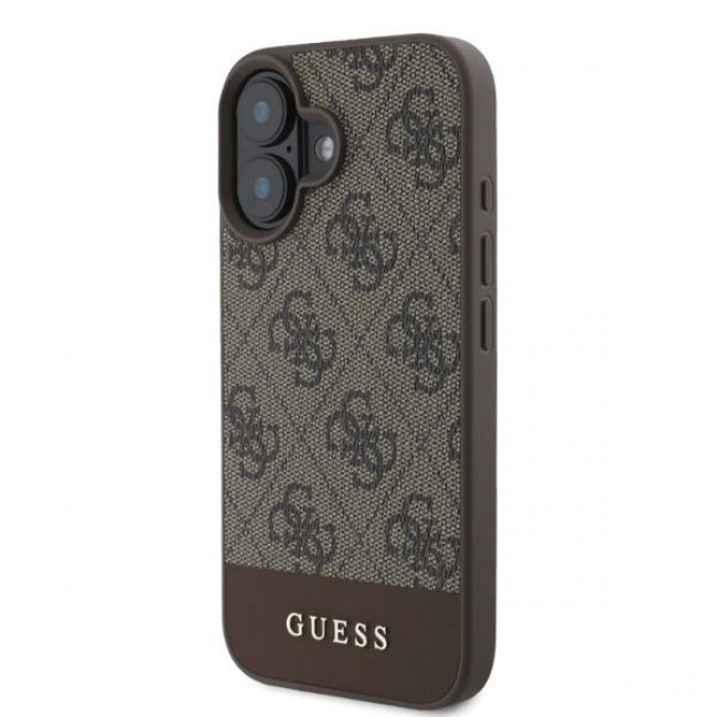 Guess iPhone 16 - 4G Bottom Stripe - Θήκη με Επένδυση Συνθετικού Δέρματος - Brown - GUHCP16SG4GLBR