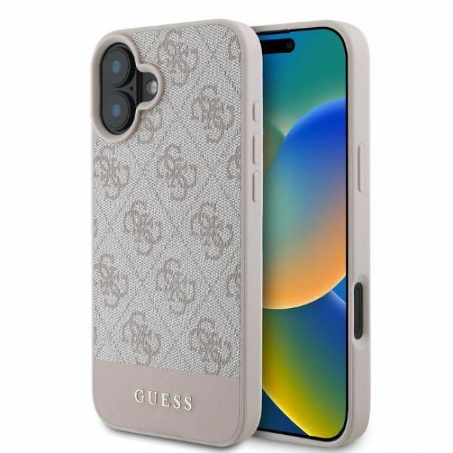 Guess iPhone 16 - 4G Bottom Stripe - Θήκη με Επένδυση Συνθετικού Δέρματος - Pink - GUHCP16SG4GLPI