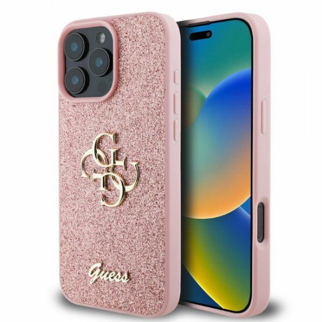 Guess iPhone 16 Pro Max - Fixed Glitter Big 4G - Σκληρή Θήκη με Πλαίσιο Σιλικόνης - Pink - GUHCP16XHG4SGP