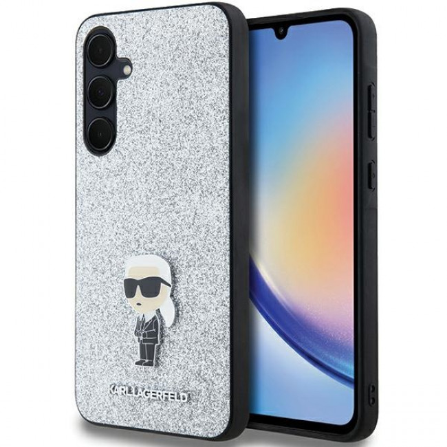 Karl Lagerfeld Samsung Galaxy A35 5G - Fixed Glitter Ikonik Metal Pin - Σκληρή Θήκη με Πλαίσιο Σιλικόνης - Silver - KLHCSA35GCNPSG