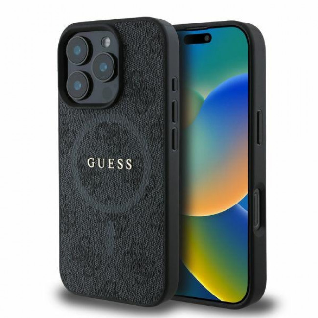 Guess iPhone 16 Pro - 4G Ring Classic Logo MagSafe - MagSafe Θήκη με Επένδυση Συνθετικού Δέρματος - Black - GUHMP16LG4GFRK