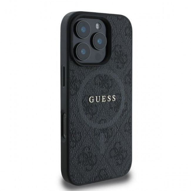 Guess iPhone 16 Pro - 4G Ring Classic Logo MagSafe - MagSafe Θήκη με Επένδυση Συνθετικού Δέρματος - Black - GUHMP16LG4GFRK