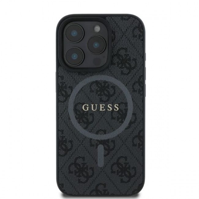 Guess iPhone 16 Pro - 4G Ring Classic Logo MagSafe - MagSafe Θήκη με Επένδυση Συνθετικού Δέρματος - Black - GUHMP16LG4GFRK