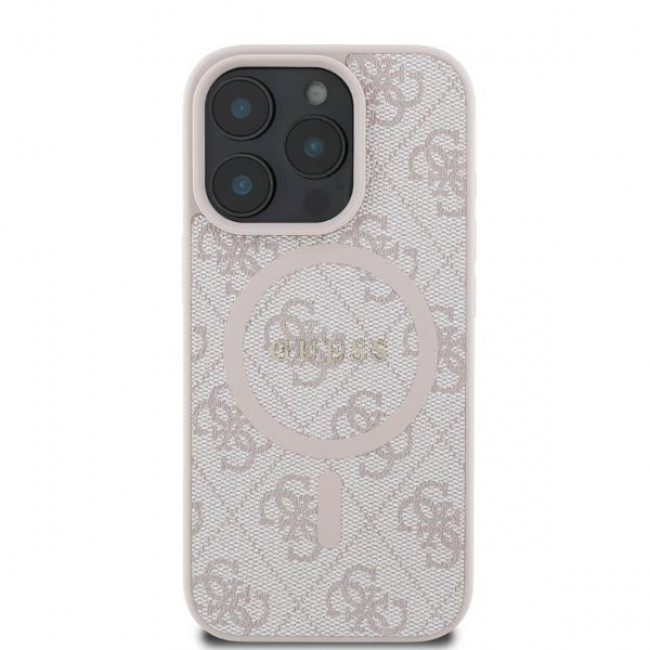 Guess iPhone 16 Pro - 4G Ring Classic Logo - MagSafe Θήκη με Επένδυση Συνθετικού Δέρματος - Pink - GUHMP16LG4GFRP