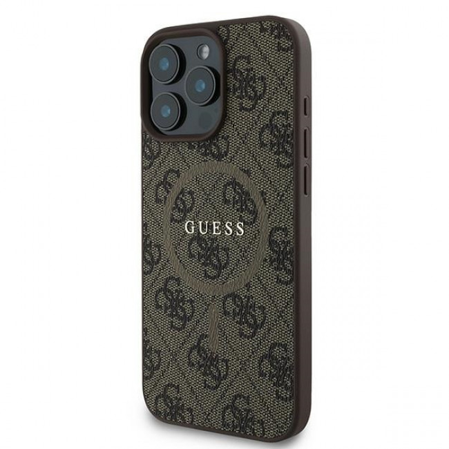 Guess iPhone 16 Pro - 4G Ring Classic Logo - MagSafe Θήκη με Επένδυση Συνθετικού Δέρματος - Brown - GUHMP16LG4GFRW