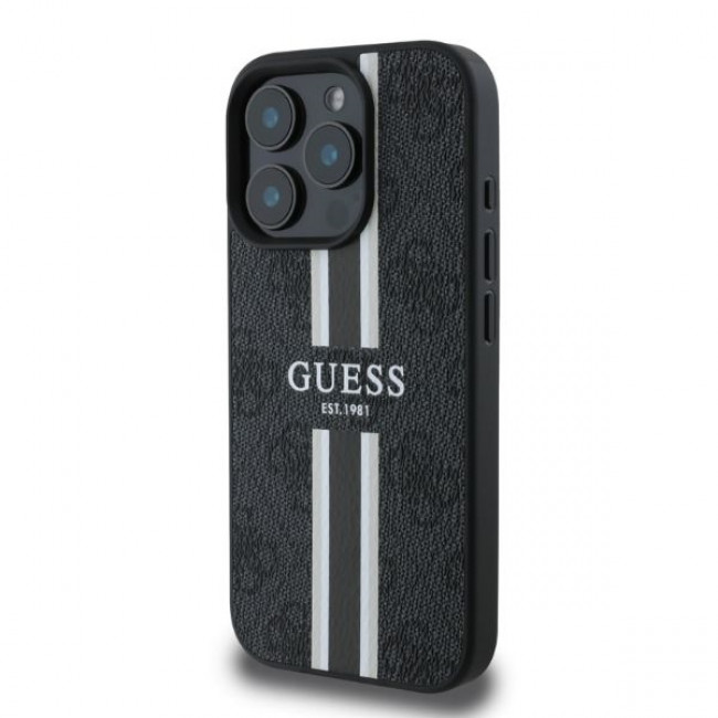 Guess iPhone 16 Pro - 4G Printed Stripes - MagSafe Θήκη με Επένδυση Συνθετικού Δέρματος - Black - GUHMP16LP4RPSK