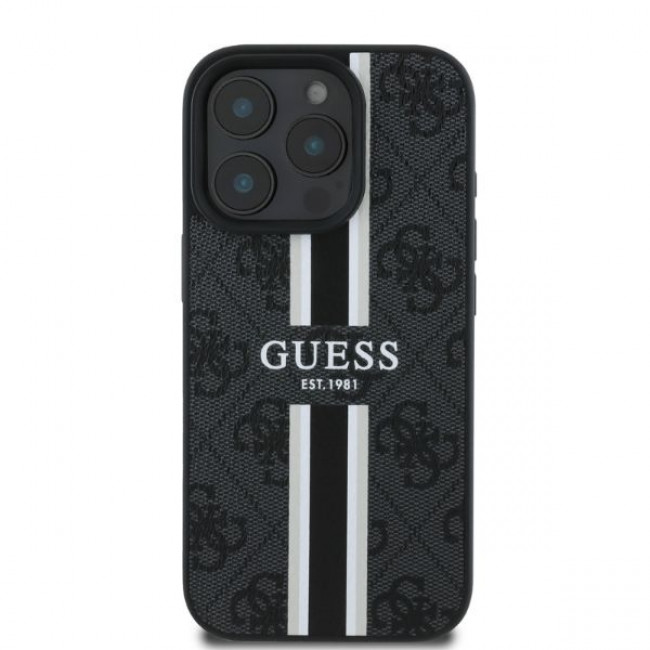 Guess iPhone 16 Pro - 4G Printed Stripes - MagSafe Θήκη με Επένδυση Συνθετικού Δέρματος - Black - GUHMP16LP4RPSK