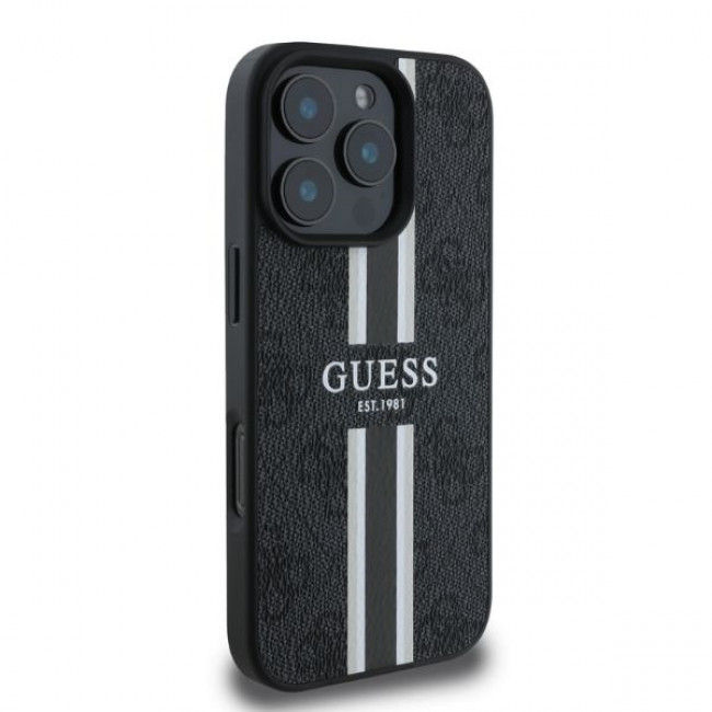 Guess iPhone 16 Pro - 4G Printed Stripes - MagSafe Θήκη με Επένδυση Συνθετικού Δέρματος - Black - GUHMP16LP4RPSK