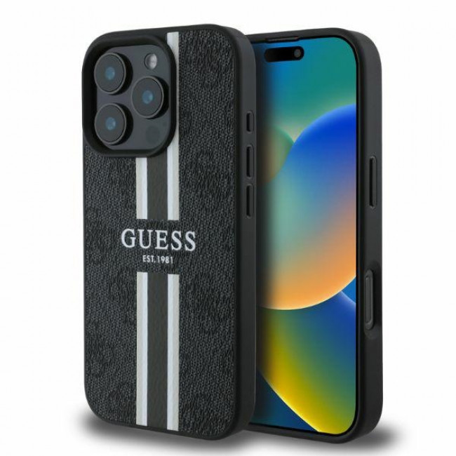 Guess iPhone 16 Pro - 4G Printed Stripes - MagSafe Θήκη με Επένδυση Συνθετικού Δέρματος - Black - GUHMP16LP4RPSK