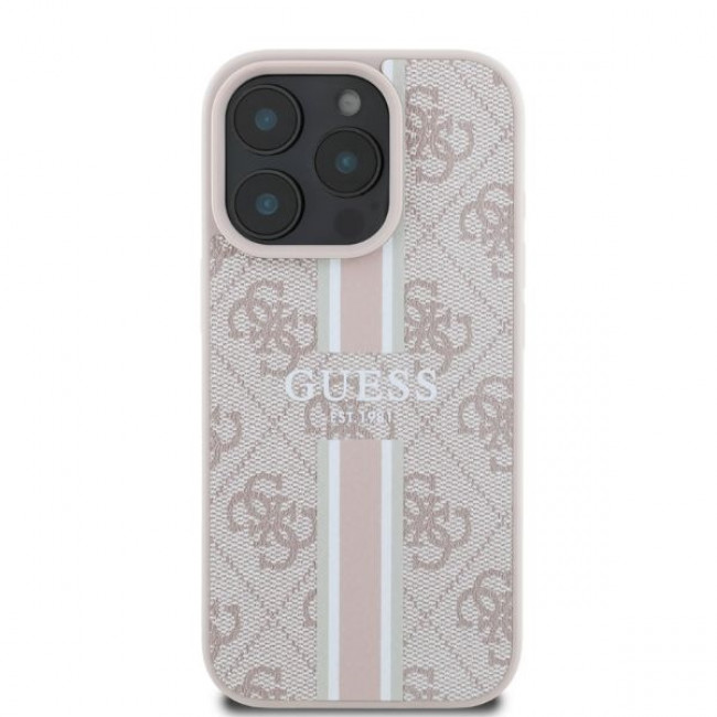 Guess iPhone 16 Pro - 4G Printed Stripes - MagSafe Θήκη με Επένδυση Συνθετικού Δέρματος - Pink - GUHMP16LP4RPSP