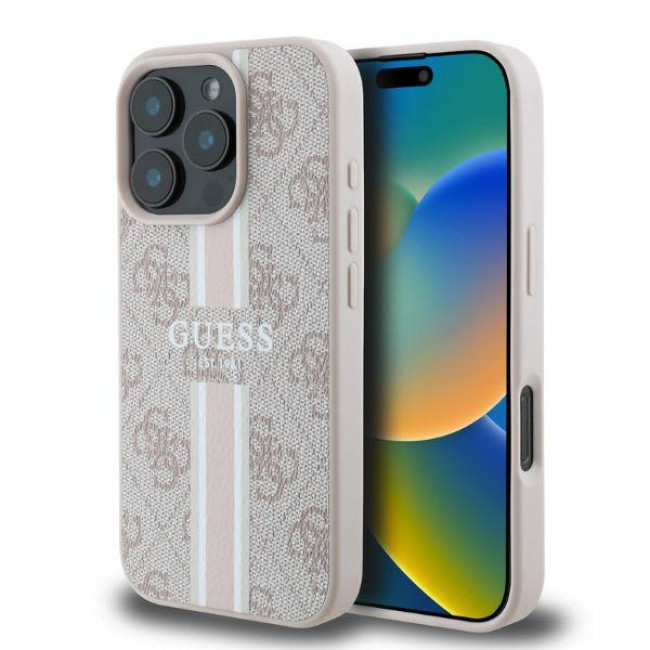 Guess iPhone 16 Pro - 4G Printed Stripes - MagSafe Θήκη με Επένδυση Συνθετικού Δέρματος - Pink - GUHMP16LP4RPSP