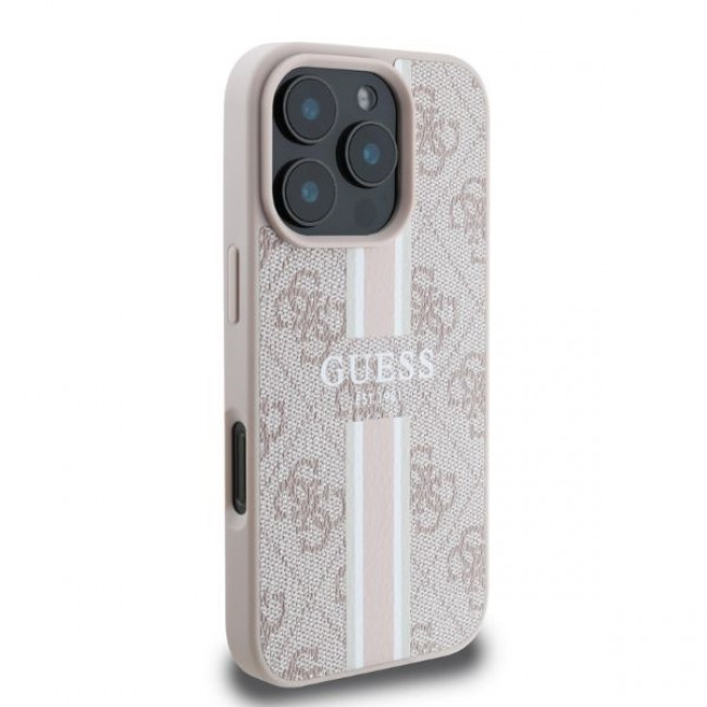 Guess iPhone 16 Pro - 4G Printed Stripes - MagSafe Θήκη με Επένδυση Συνθετικού Δέρματος - Pink - GUHMP16LP4RPSP