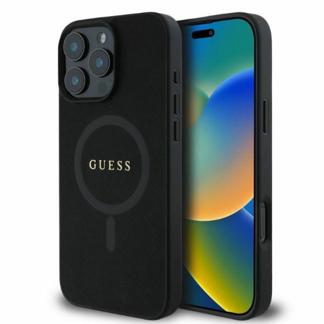 Guess iPhone 16 Pro - Saffiano Classic Logo - MagSafe Σκληρή Θήκη με Πλαίσιο Σιλικόνης - Black - GUHMP16LPSAHMCK