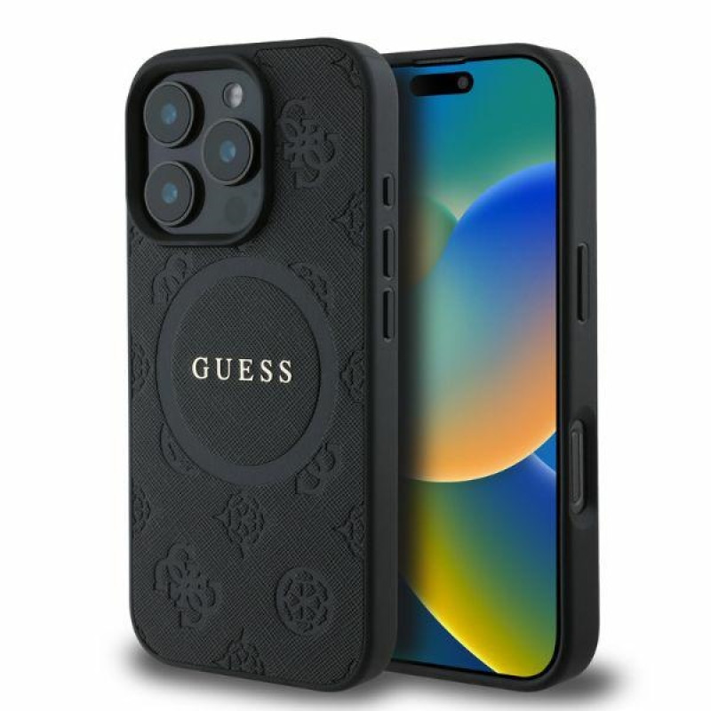 Guess iPhone 16 Pro - Saffiano Peony Classic Logo - MagSafe Σκληρή Θήκη με Πλαίσιο Σιλικόνης και Συνθετικό Δέρμα - Black - GUHMP16LPSAPSMEK