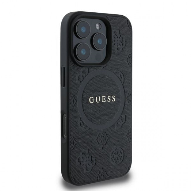 Guess iPhone 16 Pro - Saffiano Peony Classic Logo - MagSafe Σκληρή Θήκη με Πλαίσιο Σιλικόνης και Συνθετικό Δέρμα - Black - GUHMP16LPSAPSMEK